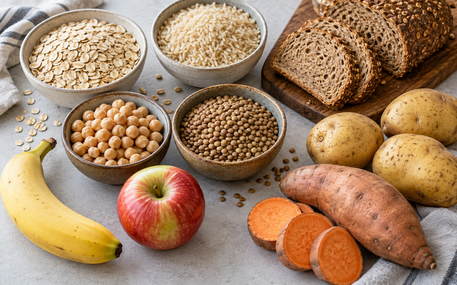 Fuentes de hidratos de carbono como avena, arroz, pan integral, legumbres, patata, boniato y fruta