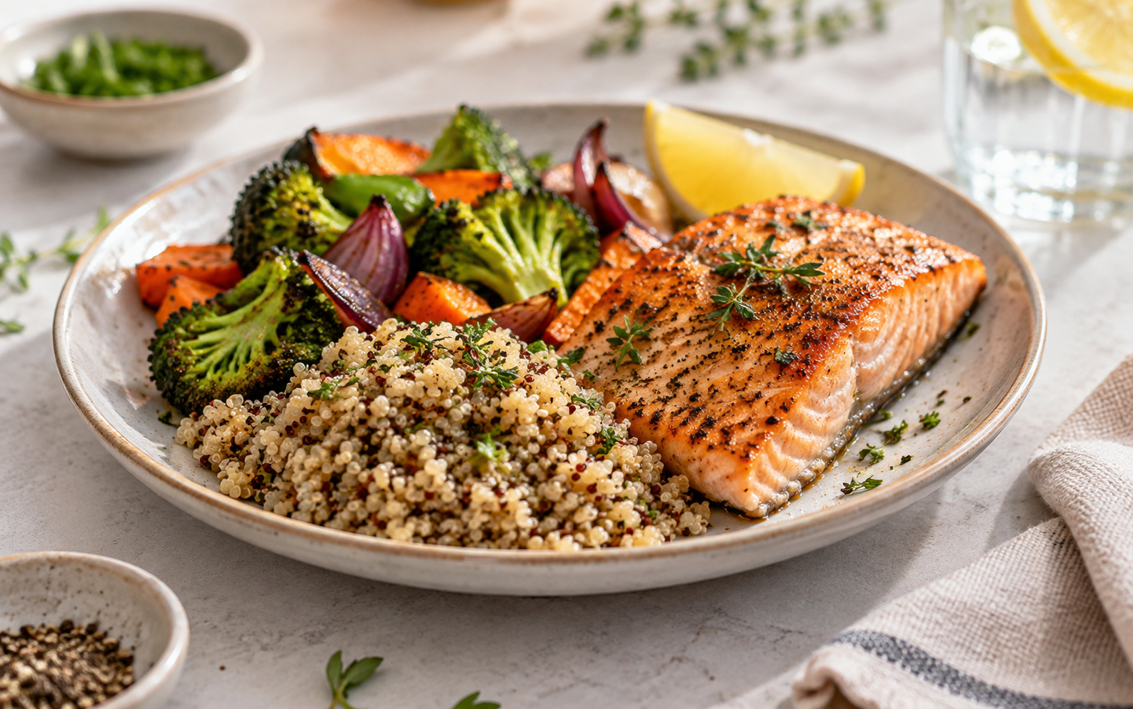 Plato equilibrado con quinoa, verduras y salmón como ejemplo de una comida con hidratos de carbono